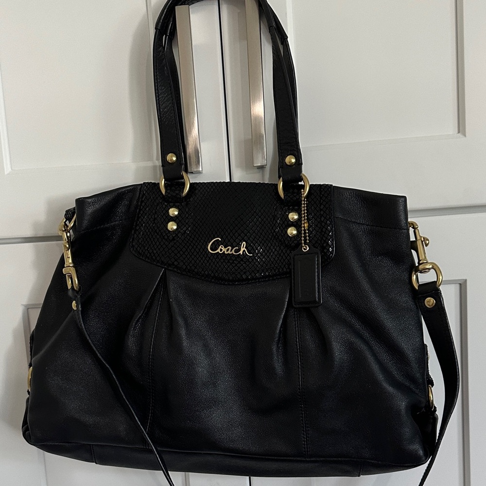 Coach ‘SoHo’ Black Leather carryall with Gold Accents, matching wallet.